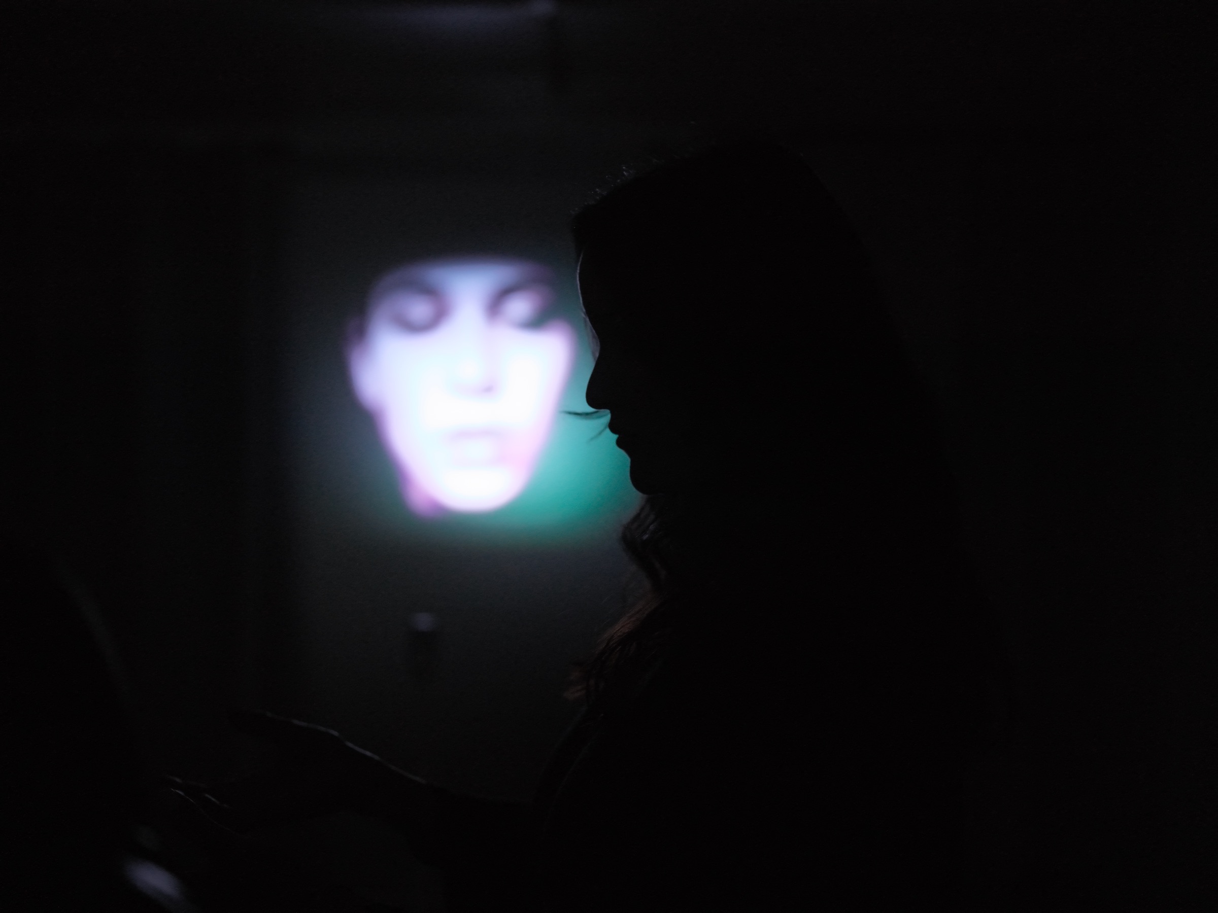 A visitor in silhouette, profile turned toward SOLIENNE's glowing face on the chamber screen in a darkened basement.